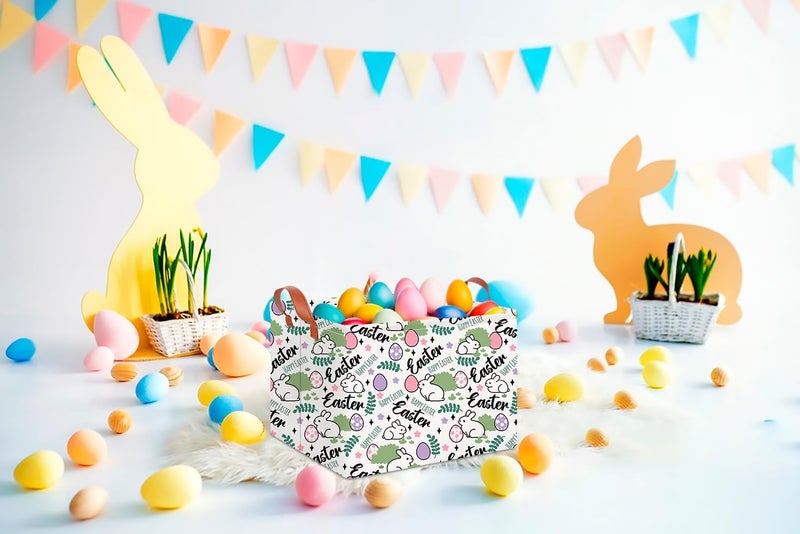 CLOCOR Rectangular Green Easter Gift Basket Empty,Waterproof Storage Basket with Handles,Room Decor(Rabbit Egg) - Image 4